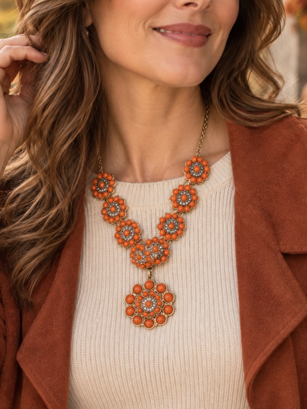 Premier Designs Orange Floral Statement Necklace + Removable Pin (po)
